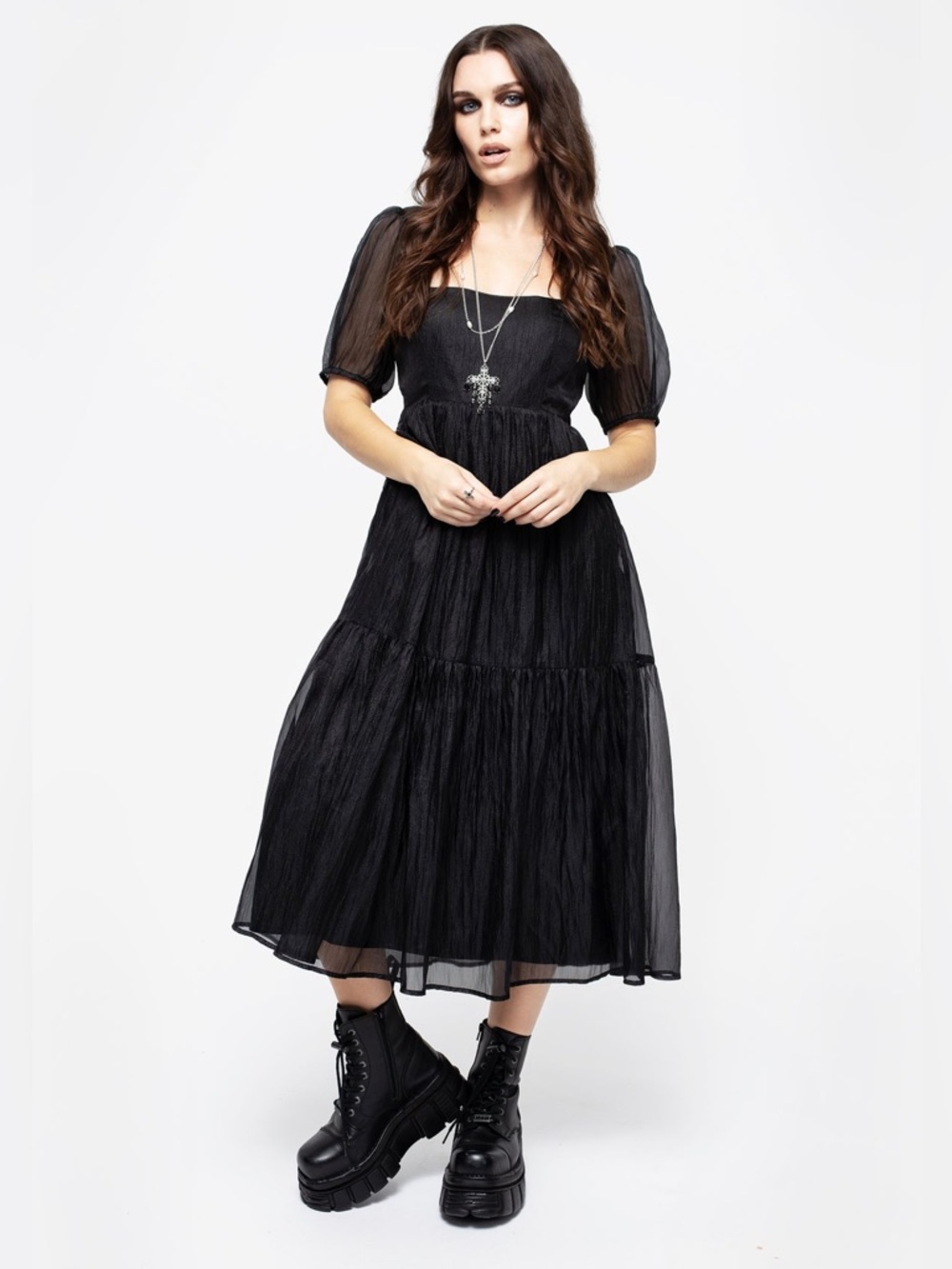 Disturbia Flatline Puff Sleeve Sheer Black Tiered Midi Dress US 8 - Picture 2 of 10